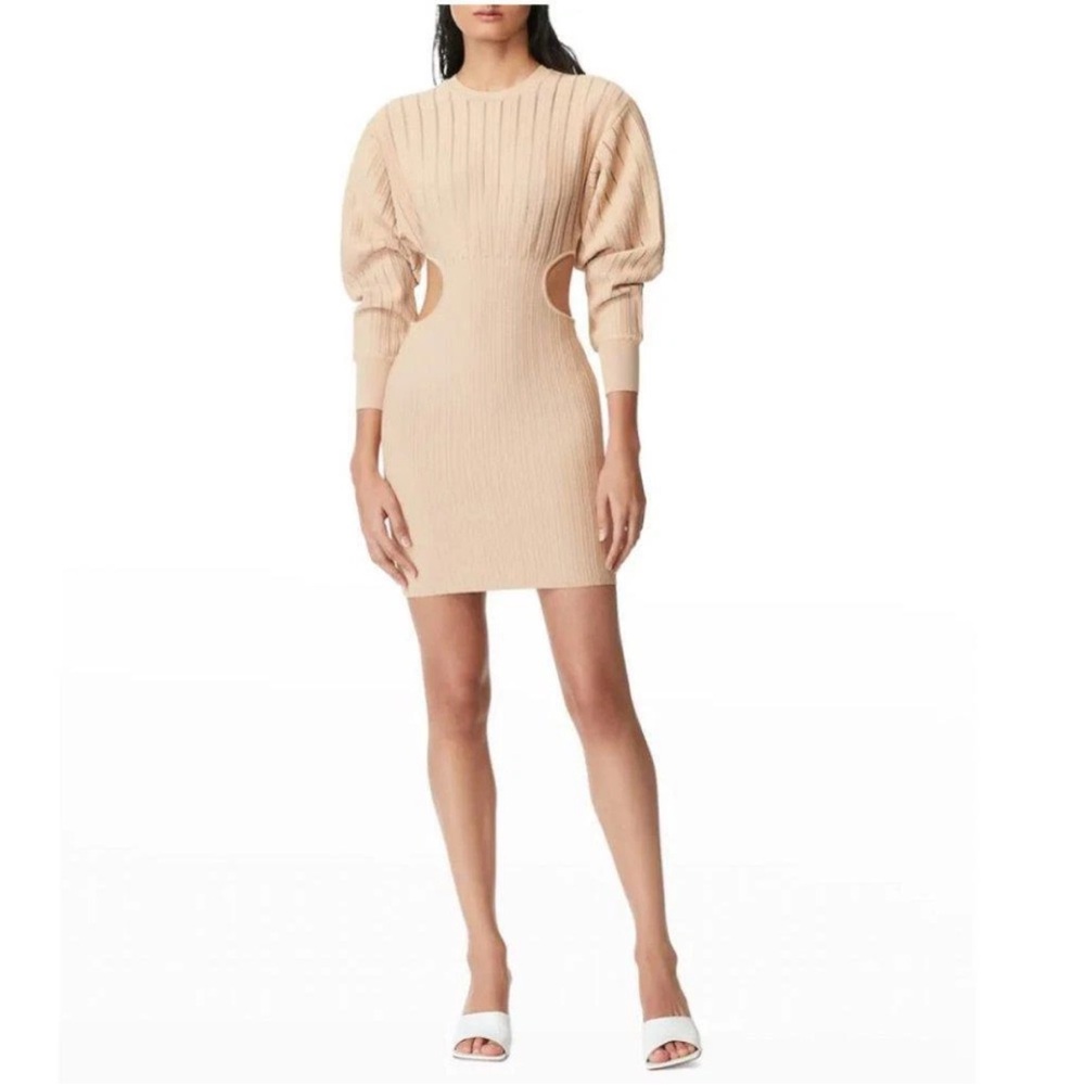 Herve Leger Paris Ribbed Midi Dress in Camel with Black Stripes